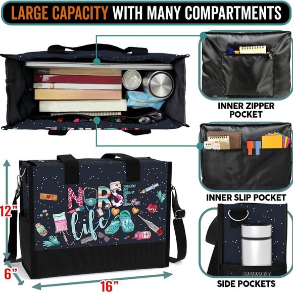 Large Waterproof Tote Bag Women with Pockets Zipper Travel Work Grocery - Picture 3 of 6